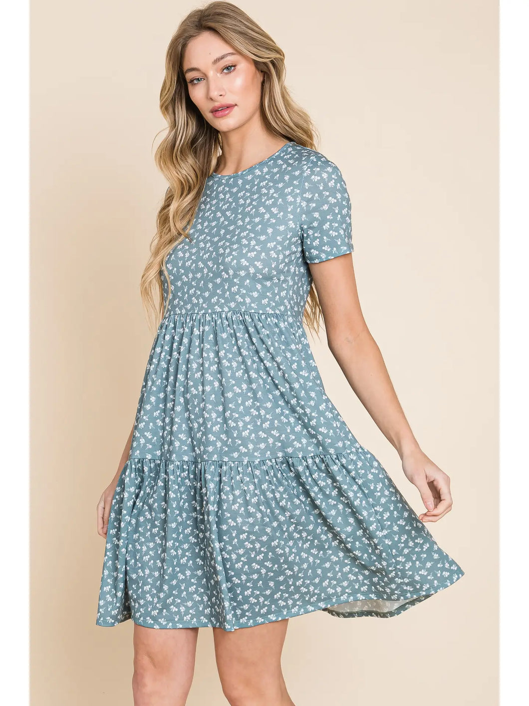 Blue Floral Tiered Swing Dress