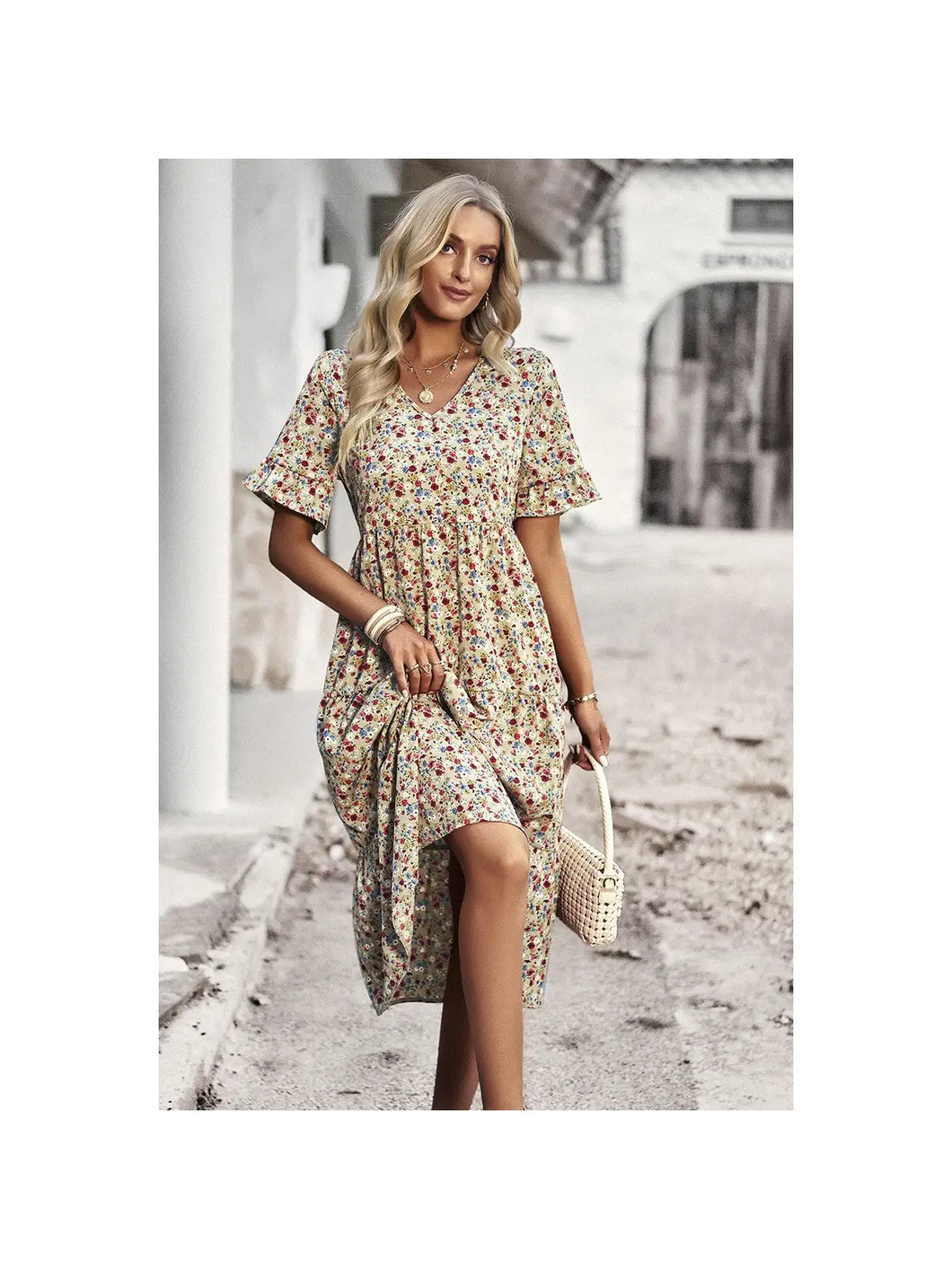 Beige Floral Midi Dress