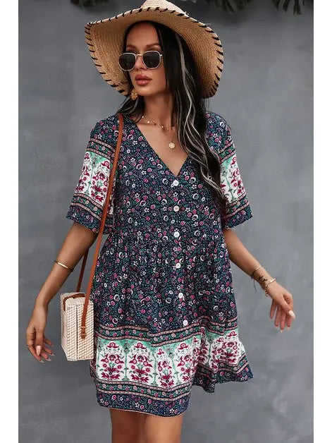 V-Neck Navy Floral Ruffle Dress