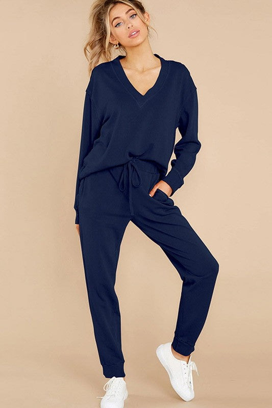 Loose Fit V Neck Jogger Set