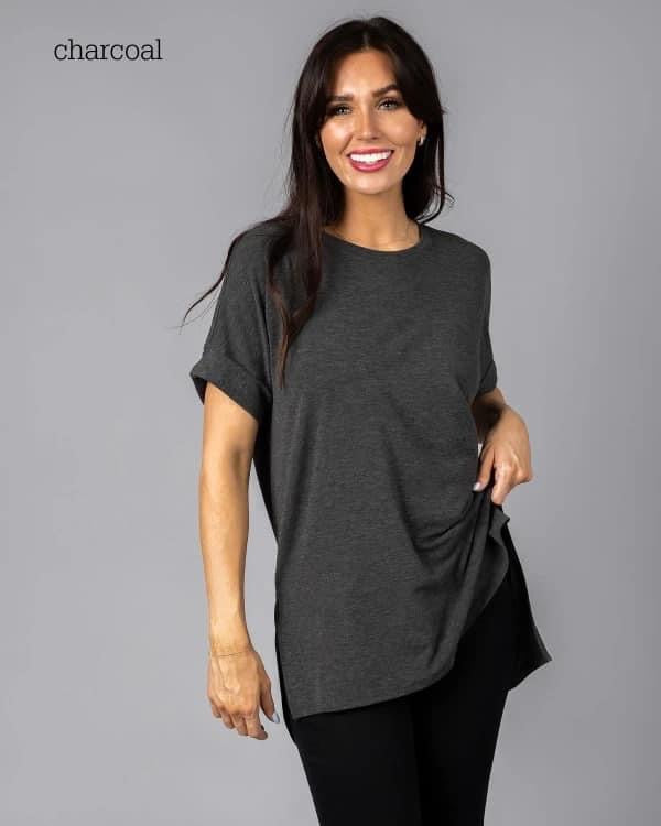 Boyfriend Cuffed Sleeve Tee - Charcoal